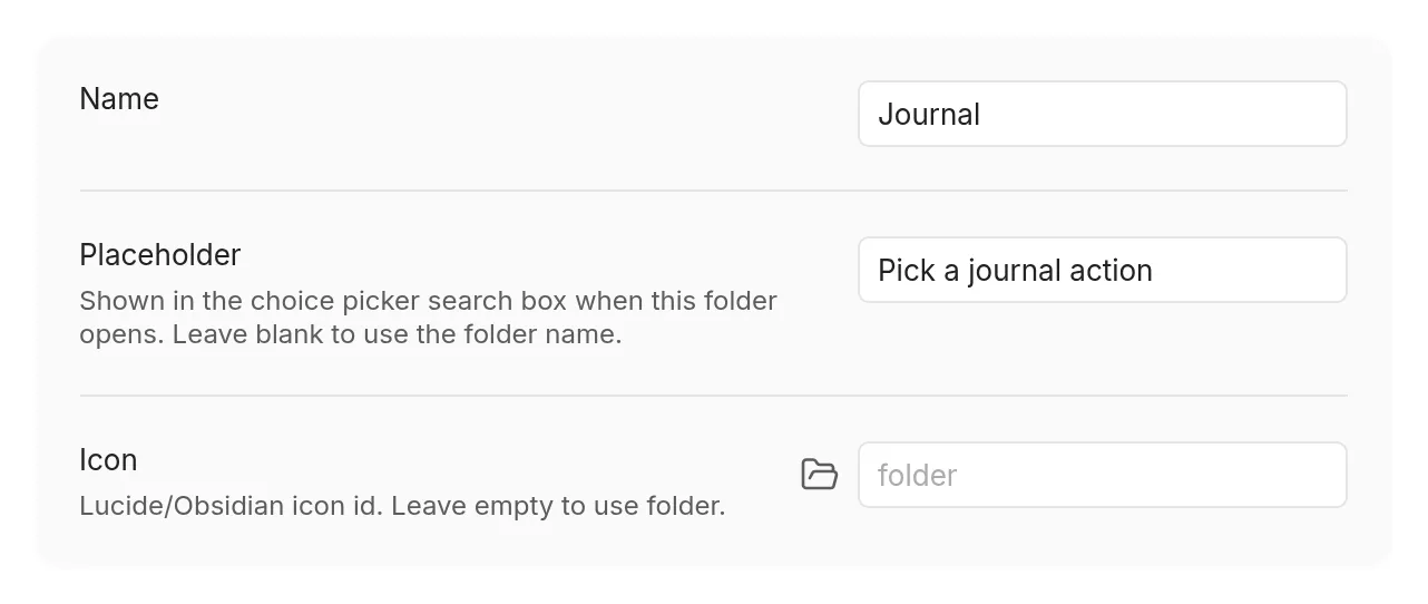 A folder’s settings page with Name, Placeholder, and Icon settings
