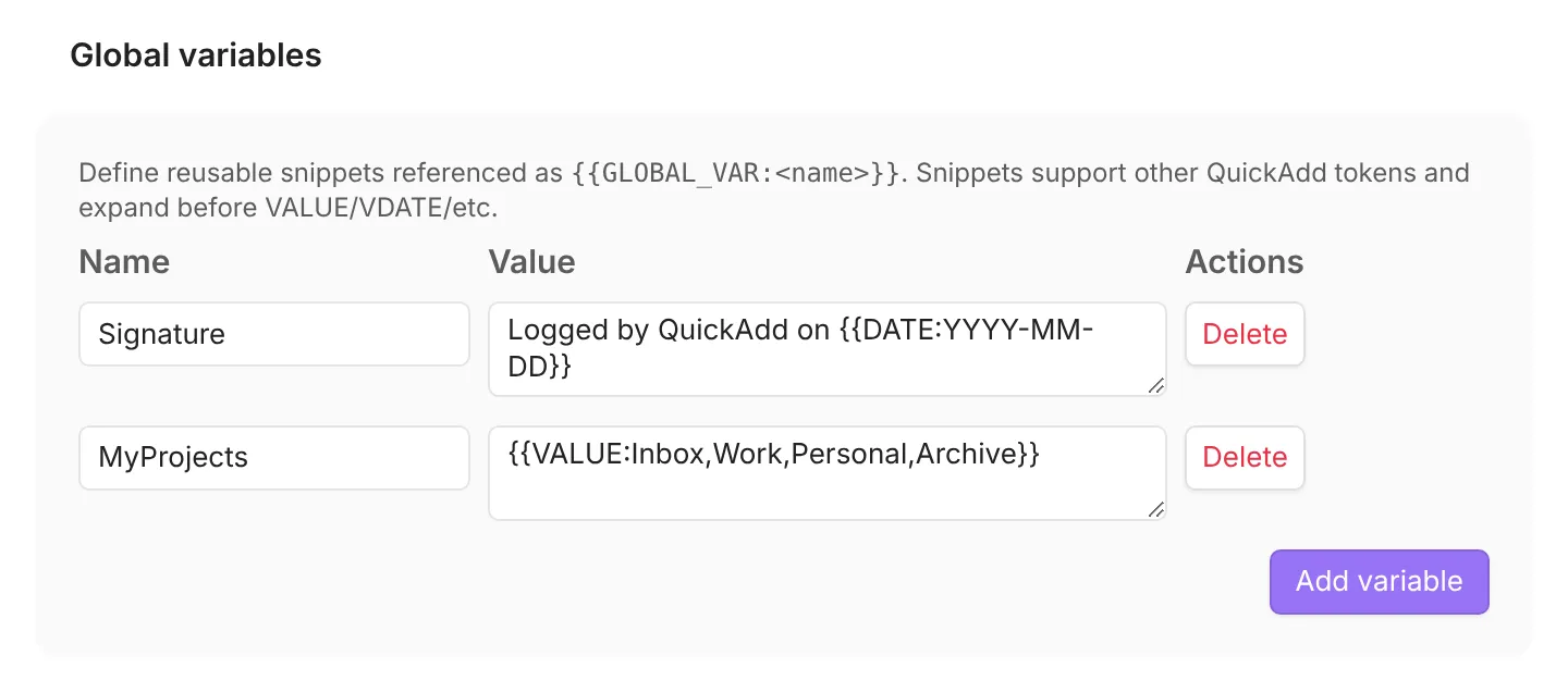 The Global variables section of QuickAdd settings with two variables: Signature, whose value is “Logged by QuickAdd on {{DATE}}”, and MyProjects, whose value is “{{VALUE,Work,Personal,Archive}}”